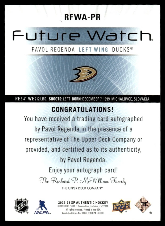2022-23 SP Authentic future watch /699 auto Pavol Regenda Anaheim Ducks #RFWA-PR - Image 2 of 2