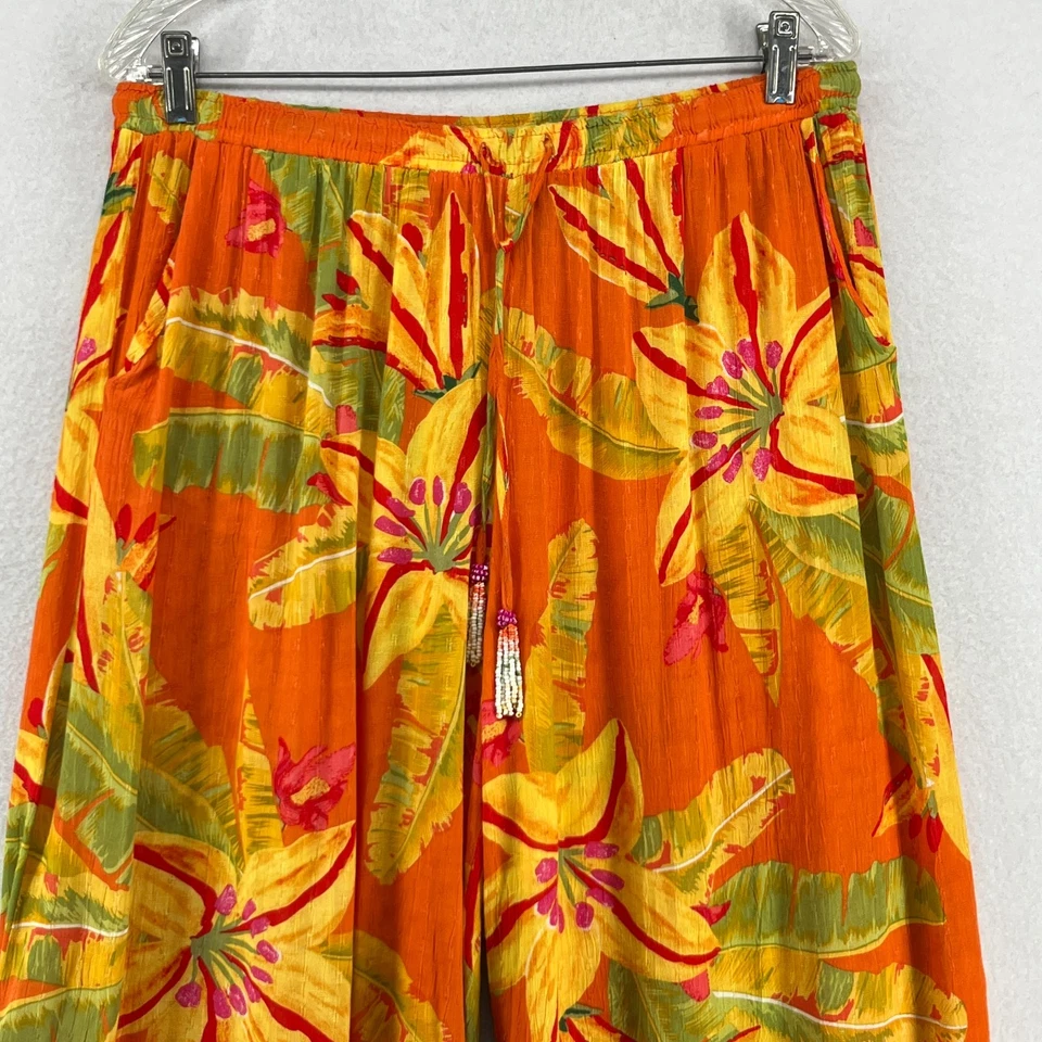 Pantalones C&C CALIFORNIA L Floral Tropical Hibisco Playa Palazzo Borla Naranja Foto 3 de 4