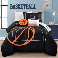 Basketball Game Reversible Quilt Twin Size 4 Piece Set, Black  Orange - Kids...