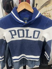RALPH LAUREN POLO Spellout Sweater Boy's Small 8 Shawl Collar Blue White Navy