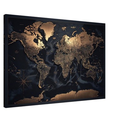 Weltkarte Leinwandbild Gold Navy   Modernes Canvas Wandbild Deko