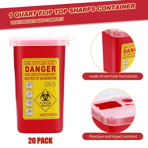 20 Pcs 1 Quart Flip Top Sharps Disposal Containers - Portable Trash Bin for Tatt - Foto 3 di 7