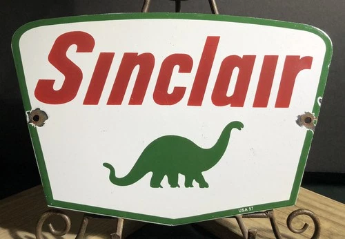 VINTAGE 1957 DATED SINCLAIR DINO GASOLINE 12” PORCELAIN GAS PUMP DINOSAUR SIGN