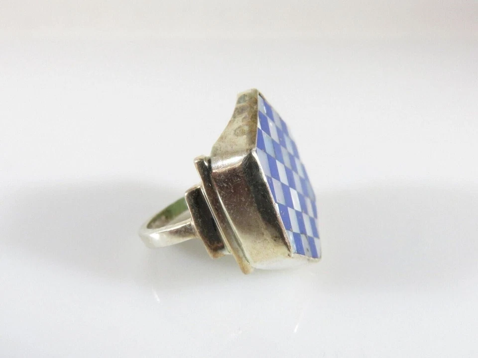 Anillo hexagonal madreperla lapislázuli con incrustaciones de ley talla 6,25 Foto 3 de 4