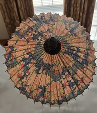 Vtg. Japanese Umbrella Old Parasol Printed Cotton Floral Fabric DAMAGED