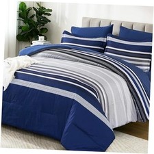 Size Comforter Set 7 Pieces, Boho Striped Bed in a Bag Soft King Navy Blue