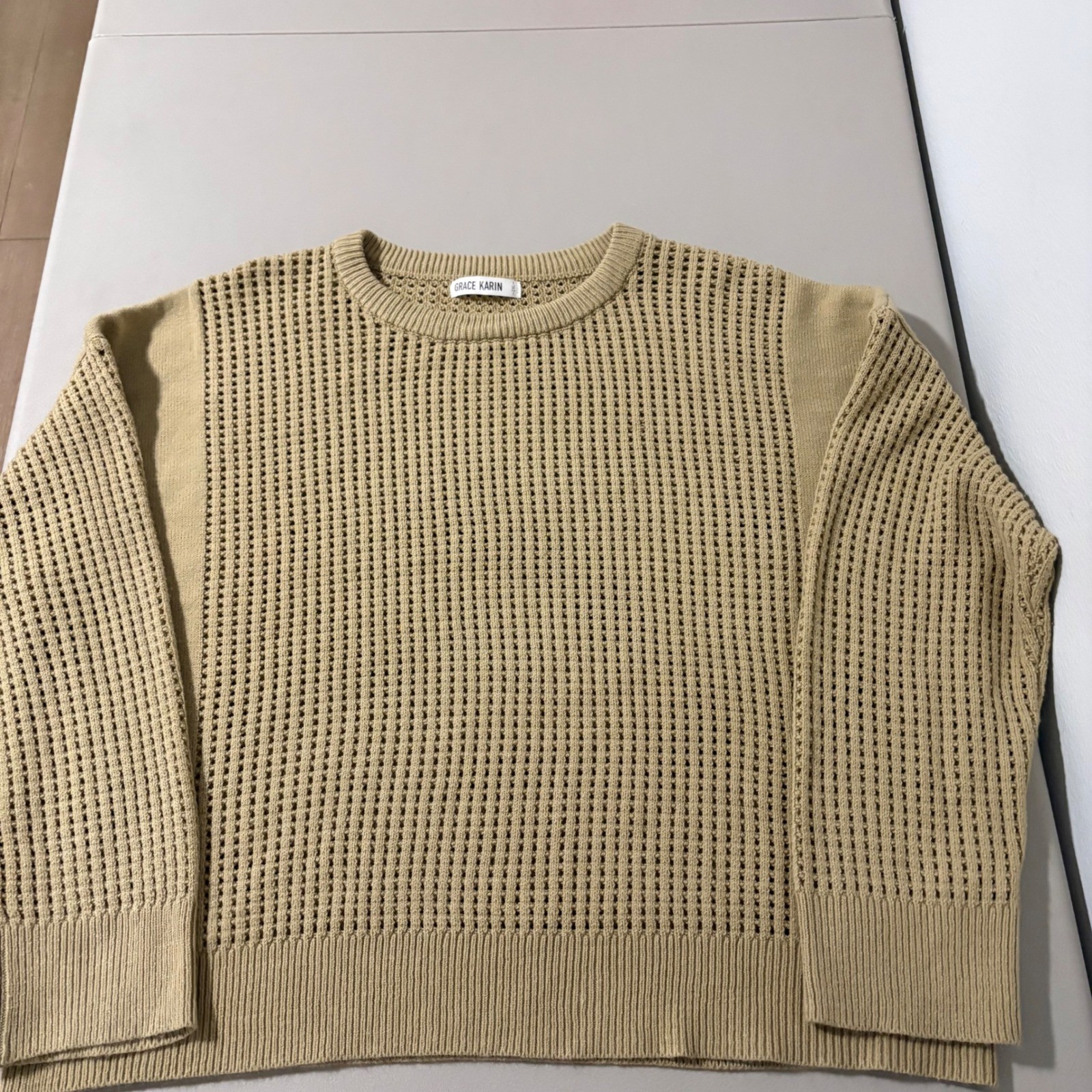 GRACE KARIN Tan Knit Mesh Sweater Crew Neck Long Sleeve Oversized Plus Size 2XL