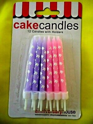12 Unicorn Candles Pink /& Lilac with Holders