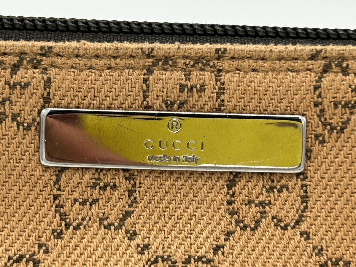 GUCCI GG Canvas Leather Brown Beige Accessory Pouch Mini