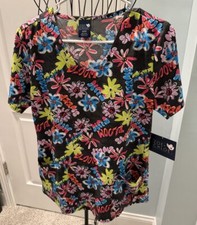 Zoe  Chloe Small S Bright Floral Bloom Boom Scrub Top Women Ladies Dark Gray