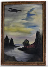 14" Antique Oil Painting On Cardboard WWI Biplane Red Roundel Morning Raid 