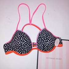 Victoria Secret Swim Bikini Top 34B Fabulous Push Up Black Pebble Dot Underwire