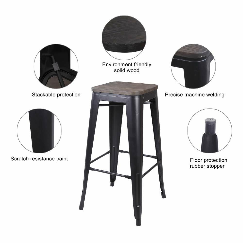 30'' Black Metal Bar Stool with Wood Seat Industrial Kitchen Stool