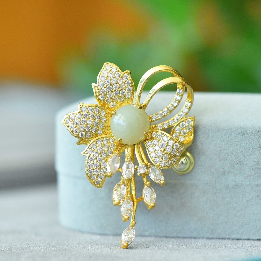 Copper inlaid with Hotan Jade White Jade Bauhinia Flower 🌸 Brooch