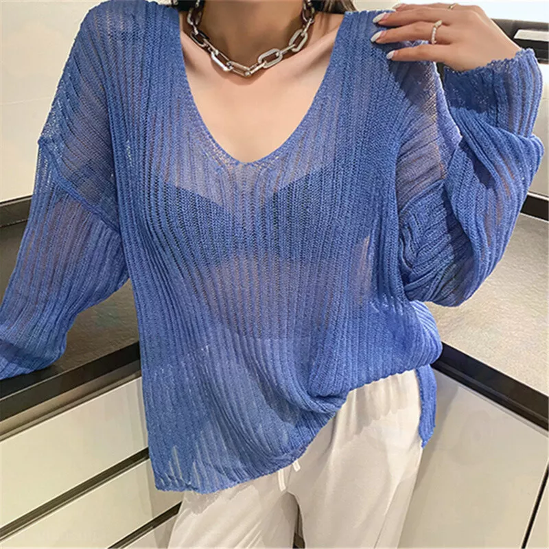 Women Split See Through Sweater Blouse V Neck Long Batwing Sleeve Knitted Tops