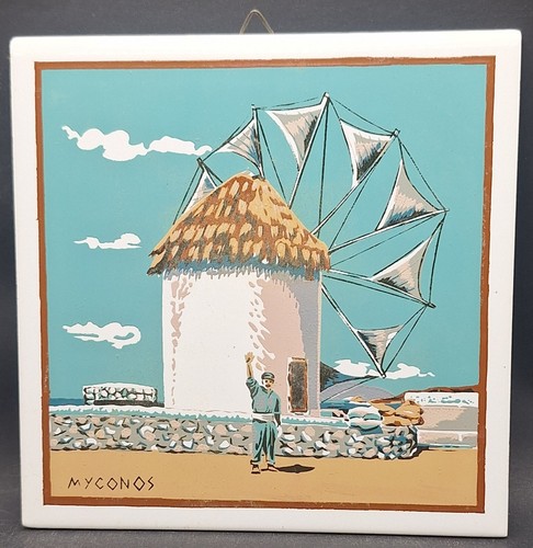 Vintage Greek 6" Myconos Windmill Handmade Ceramic Tile