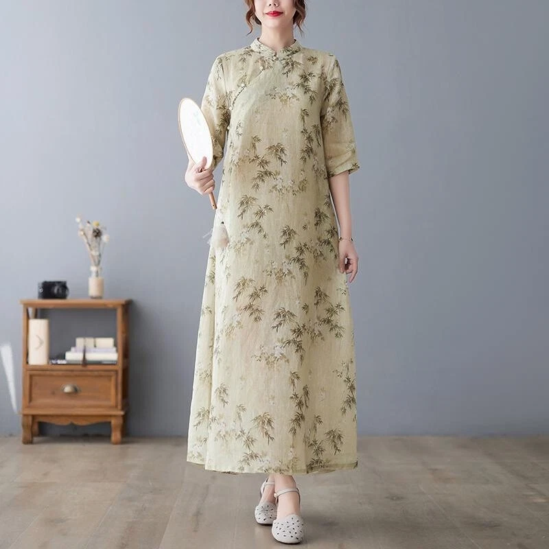 Chinois Femme Bambou Imprim Robe Col Mao Demi Manche Floral Long