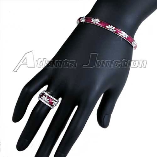 DESIGNER REPLICA_CZ_RED ENAMEL FLORAL_BANGLE BRACELET__925 STERLING SILVER - Picture 5 of 9
