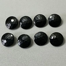 (8) Antique Black Glass Buttons Round Tunnel Shank 1/2” Faceted Low Dome B82