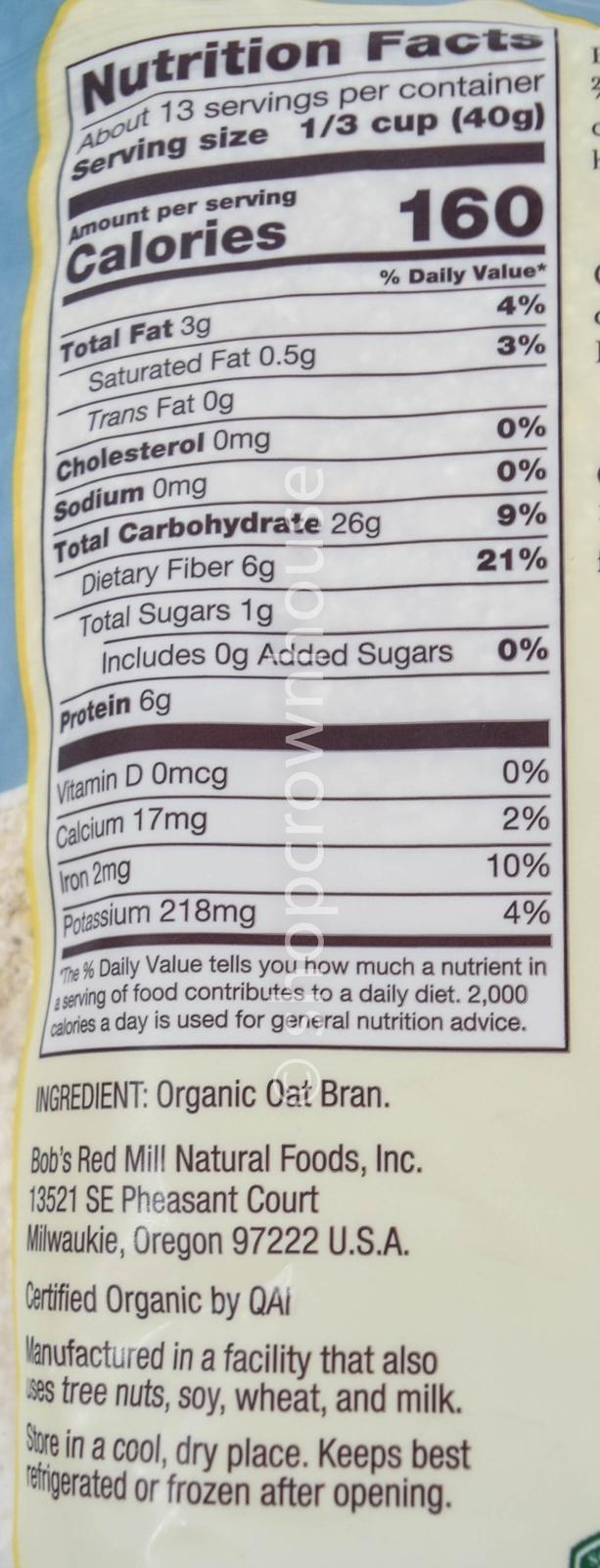 2 Bob's Red Mill ORGANIC HIGH FIBER OAT BRAN Hot Cereal 18oz 08/11/2025