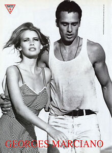 1991 Guess Jeans Claudia Schiffer In Stripe Dress Magazine Ad Ebay