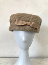 Vintage Pillbox Hat Beige Faux Fur ESCORT HATS Ribbon Bow Pork Pie Hat 60s 70s