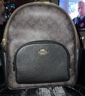 Coach Signature Monogram Brown/Black Backpack Zip Outer Pocket Gold Hardware