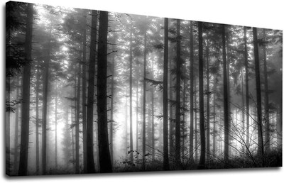 Foggy Forest Canvas Art - Large Black and White Nature Landscape 24'' X 48