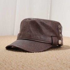 Herren Damen Faux-Leder Baseball Cap Militär Stil Flacher Schirm Atmungsaktiv