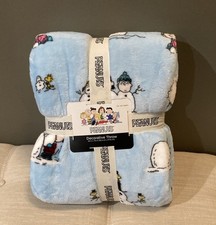 Peanuts Snoopy Woodstock Snowman Winter Blue Plush Throw Blanket 60x70 NWT