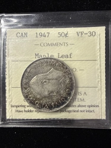 1947 Canada Fifty Cent 50c Silver Coin - Maple Leaf - ICCS VF-30