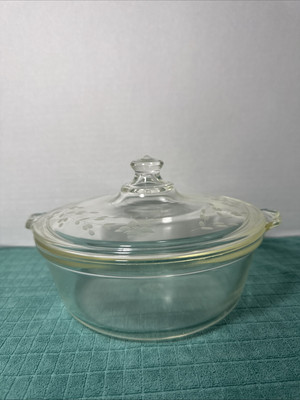 PYREX Clear Glass #023 Casserole Dish W/ Floral Lid-TM REG US PAT OFF- 1940 s