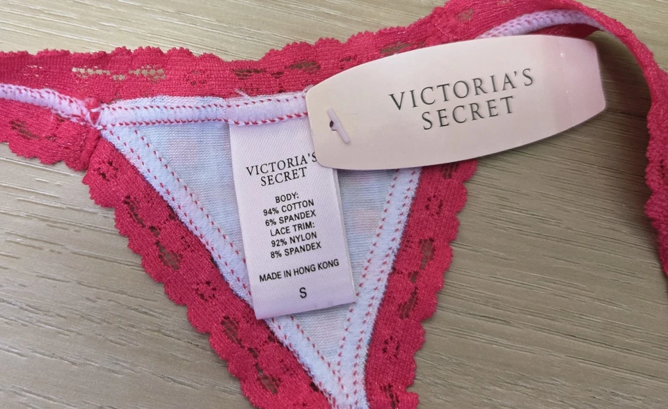 NWT Vintage Victoria's Secret Pink Plaid Cotton Blend Lace Trim Thong Panties S - Image 3 of 3