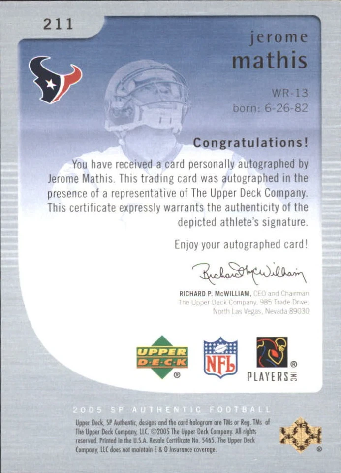 A2829- 2005 SP Authentic #211 Jerome Mathis RC Auto /850 - Image 2 of 2