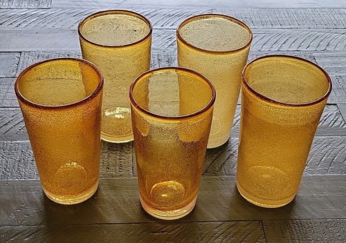 5 vasos vintage ámbar burbuja 6+" de alto 16 oz bola alta soplado a mano