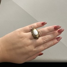 Beautiful Handmade Ring White Cabachon Ring Size 7.5 Adjustable Heart Design