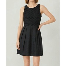 LOFT Sleeveless Dress Size 6 Black Crochet Lace Pleated Cotton Linen