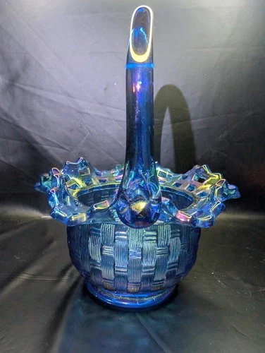Basket Weave Open Lace Fenton AB Iridescent Carnival Dark Blue Glass Basket