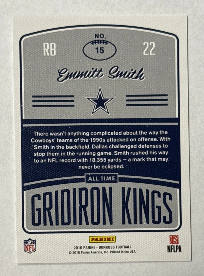 2016 Donruss All-Time Gridiron Kings Studio Series 170/250 Emmitt Smith #15 HOF - Image 2 of 2
