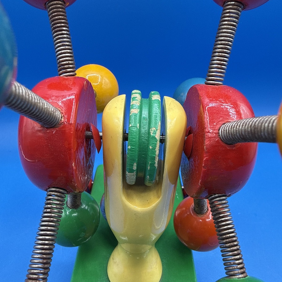 Vintage Kouvalias Wooden Pull Toy Greece Colorful Spinning Bell