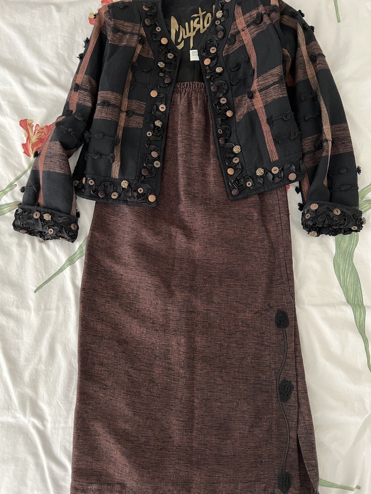 Boutique Brown Skirt Suit Set Plaid Beaded Sequined Sz Small eBay