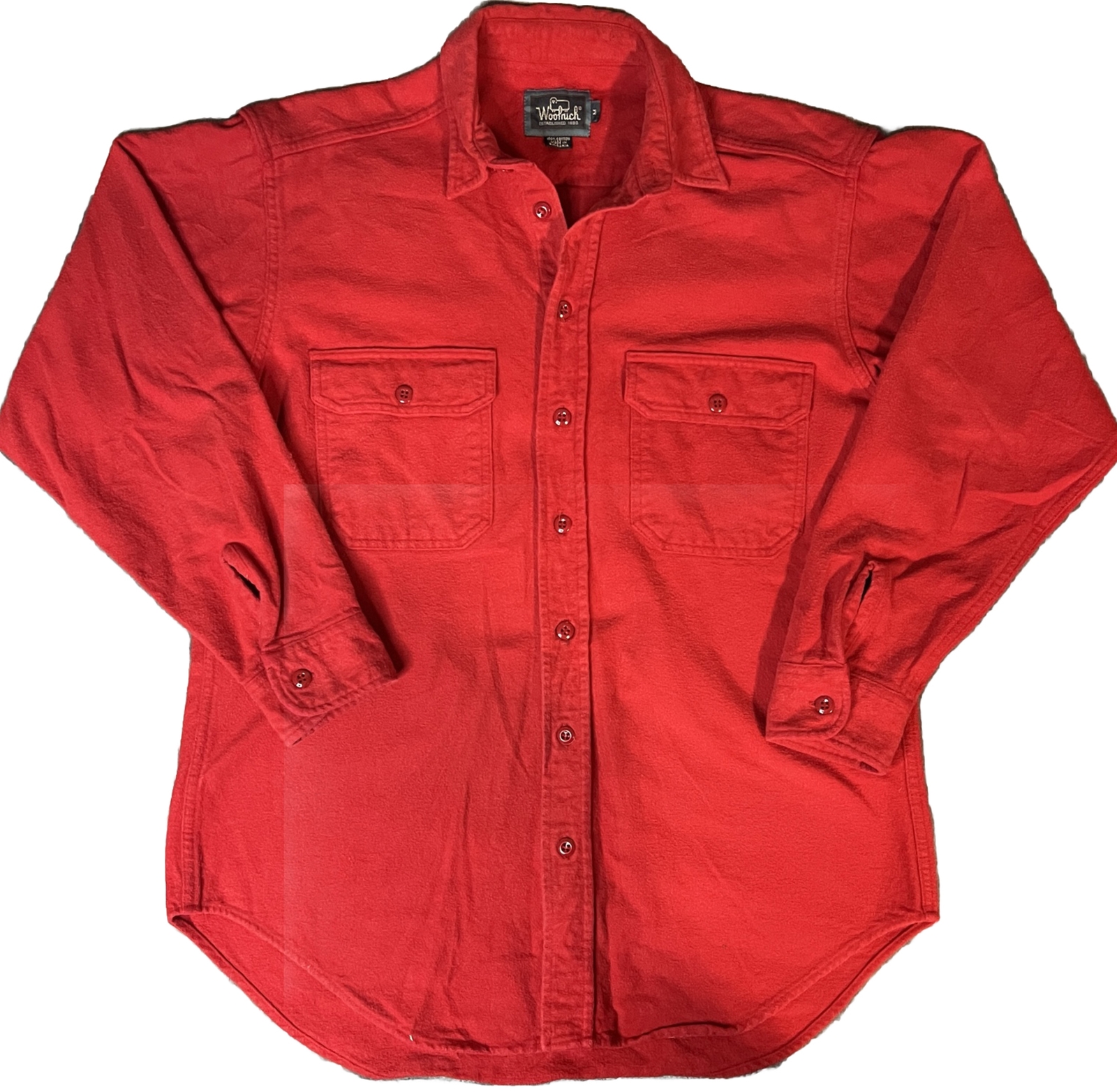 VINTAGE Woolrich Shirt Adult Medium Red Heavy Chamois Flannel Curved Hem RARE 90
