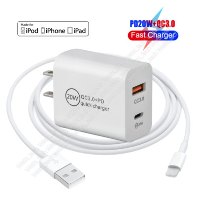 PD 20W USB Fast Wall Charger Block Adapter Cable For iPhone 14/13/12/11/XR/iPad