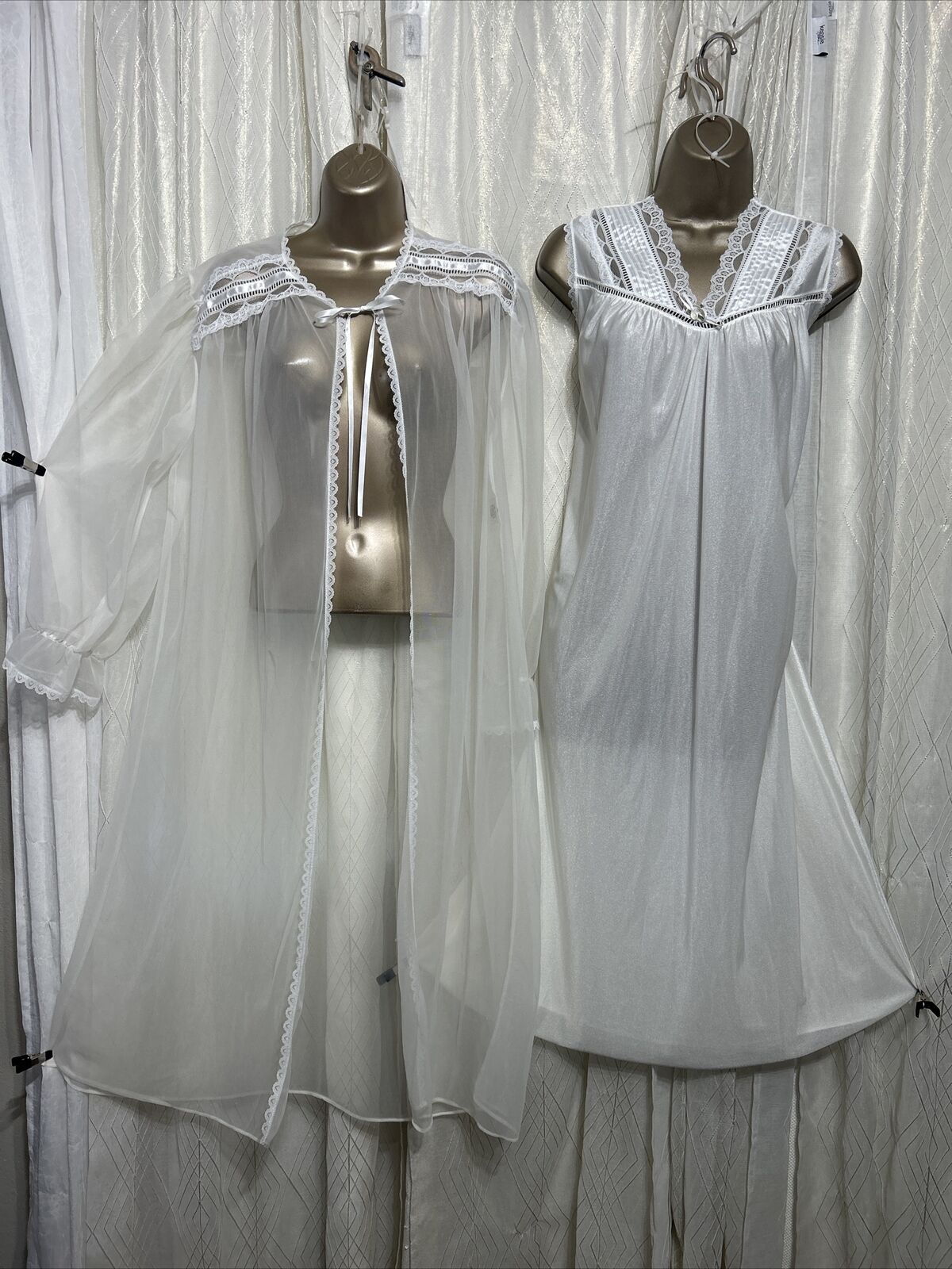 VTG L XL Bridal White Sheer Chiffon Nightgown Pei… - image 1