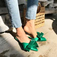 Women's Silk Satin Slippers Shoes Pointed Toe Bowknot Flats Low Heel Mules Loaf