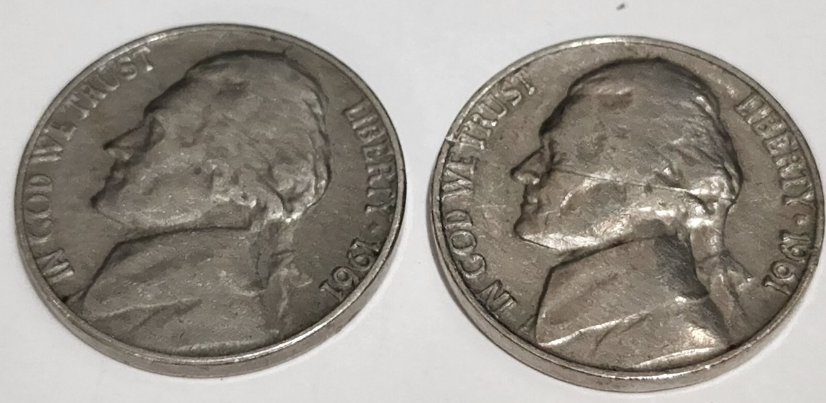 Lot (2) BOTH 1961 D & No Mint Mark USA NICKELS 5 CENT US COINS