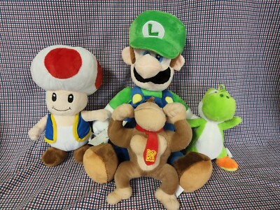 Lot of 4 Nintendo Super Mario Bros Plush- Luigi, Yoshi, Toad, & Donkey Kong 