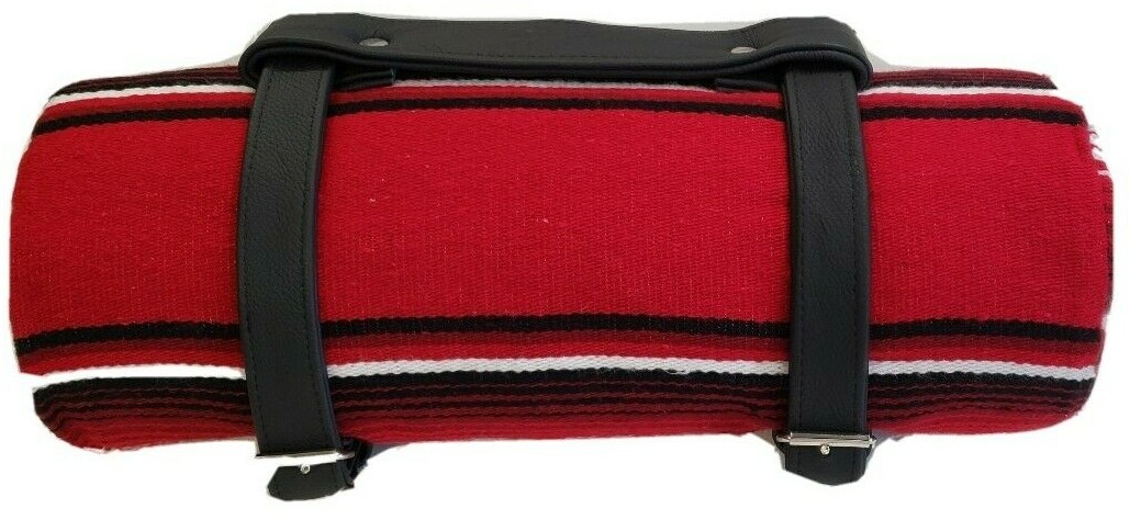 Black Gray and White Serape Blanket Roll With Leather Strap