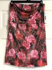 Madden NYC Tube Dress Women Size Large Roses Pink Red Sequins Grip Elastic Short