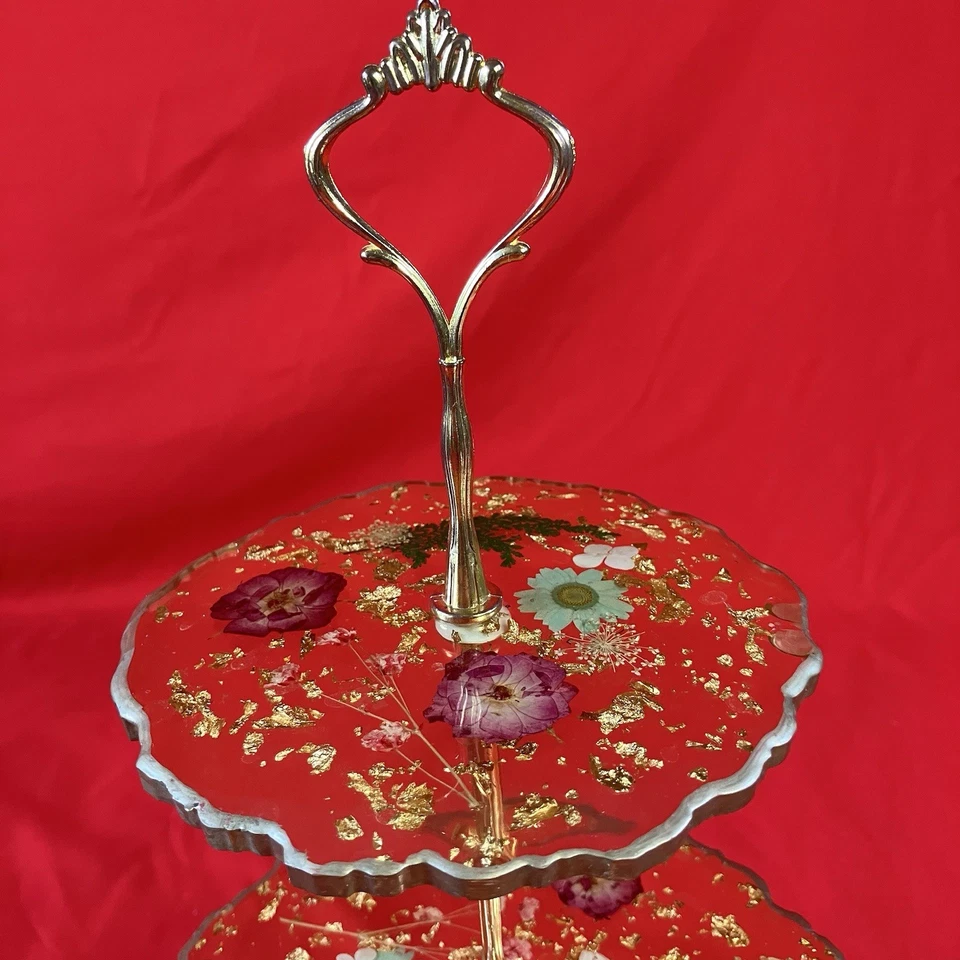 1 - Bandeja para servir vintage de flores secas de acrílico de 3 niveles / copos de oro / fiesta / defecto Foto 3 de 4